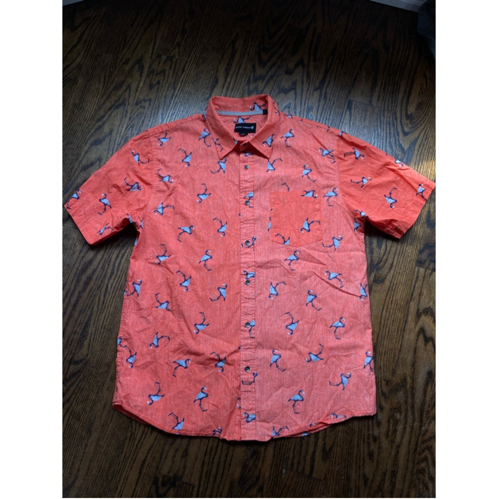 Men's Ocean Current Button Down Shirt, Size L, Orange Flamingo Print